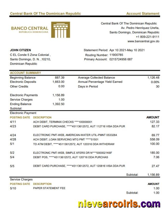 Dominican Republic Central Bank Of The Dominican Republic bank statement in Excel and PDF format